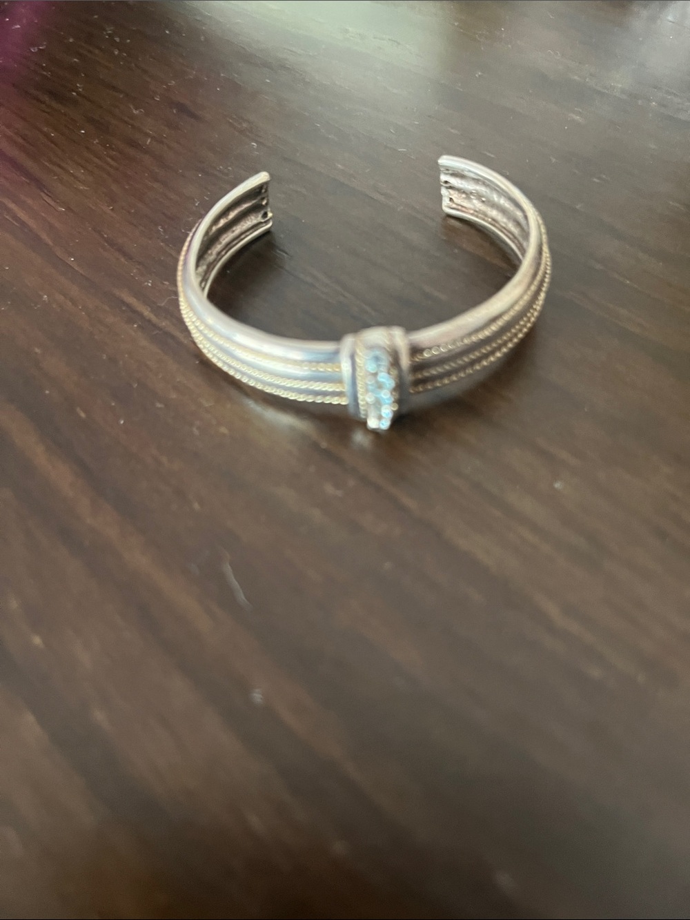 Sterling Silver/ 14k gold beading with blue topaz cuff bracelet adjustable